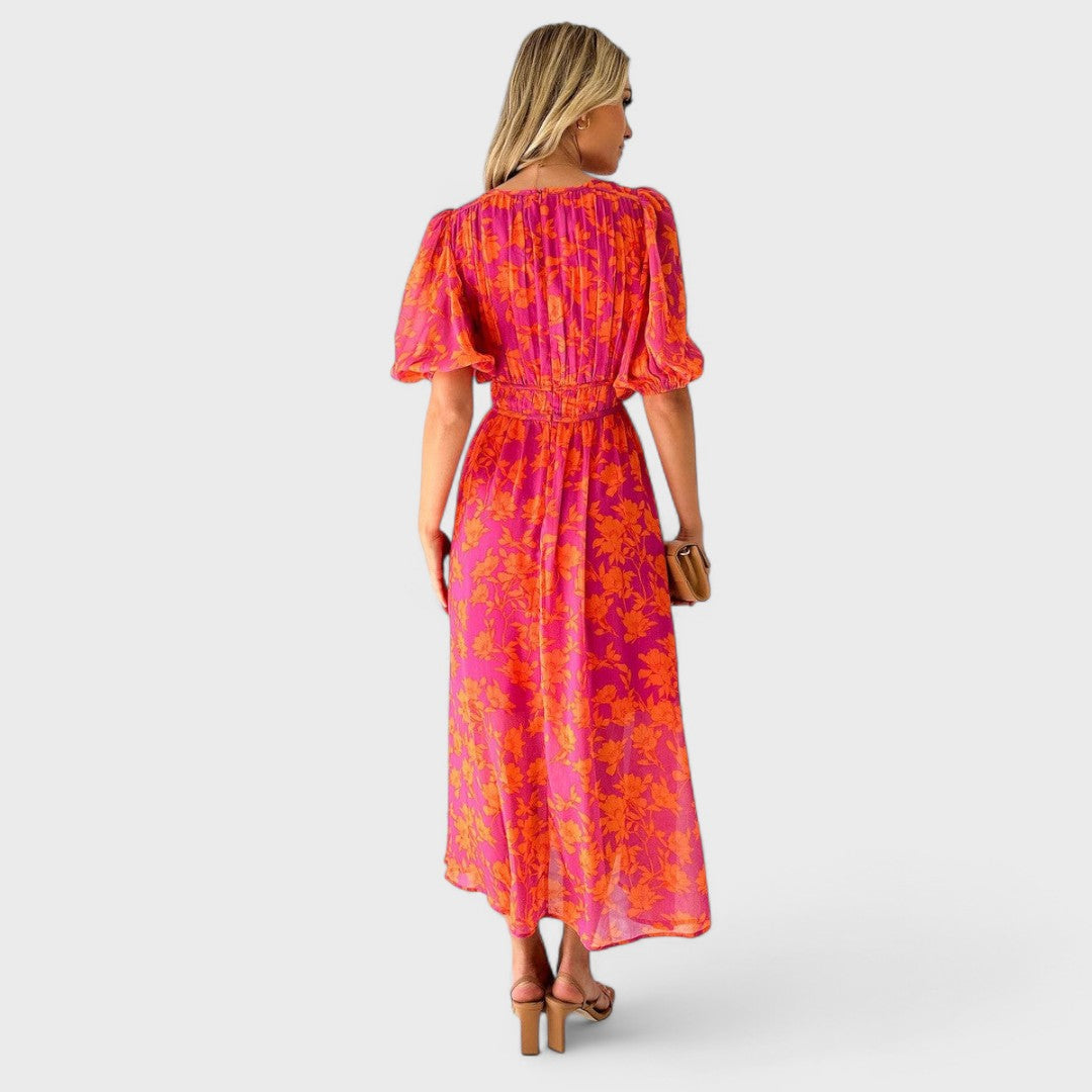 Robe Midi Florale à Manches Bouffantes