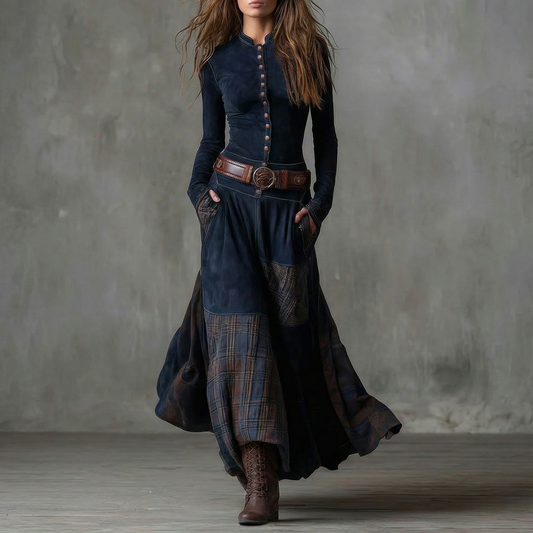 LEONORA™ | Robe longue en daim à carreaux (ceinture incluse)