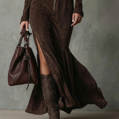 RAFFAELLA™ | Robe longue vintage marron avec fermeture éclair