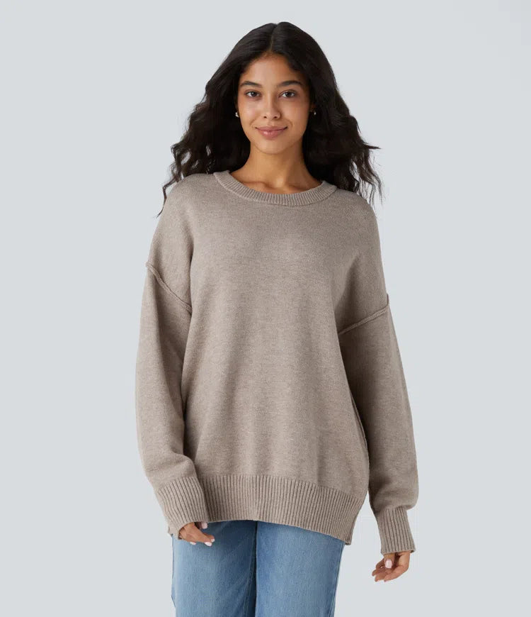 Pull Élégant à Col Rond et Épaules Tombantes – Confort et Style Décontracté