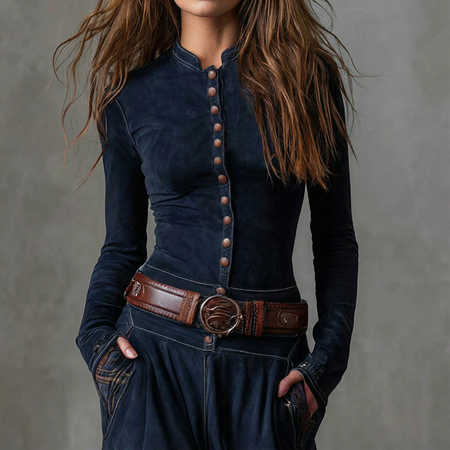 LEONORA™ | Robe longue en daim à carreaux (ceinture incluse)