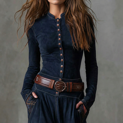 LEONORA™ | Robe longue en daim à carreaux (ceinture incluse)