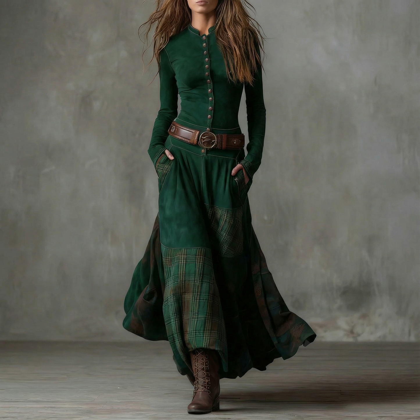 LEONORA™ | Robe longue en daim à carreaux (ceinture incluse)