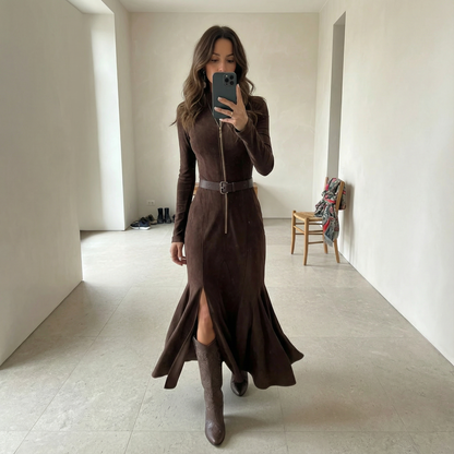 RAFFAELLA™ | Robe longue vintage marron avec fermeture éclair