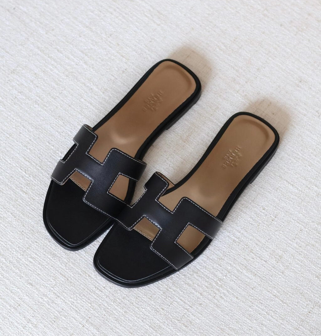 HR mules Noir/Camel — Sandales Plates Cuir