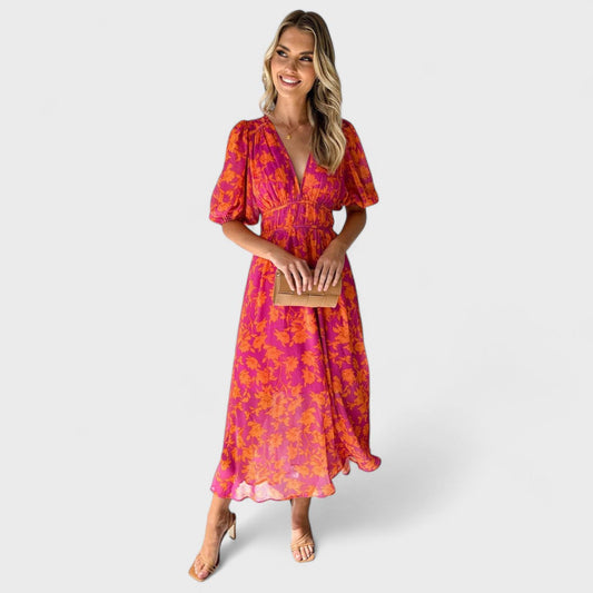 Katty - Abito midi floreale con maniche a sbuffo e scollo a V