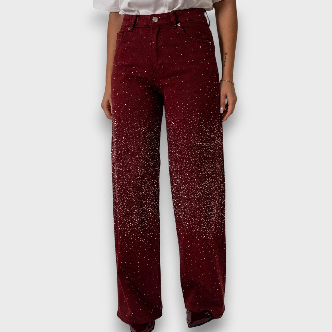 Marvie – Jeans a gamba larga con strass in Bordeaux