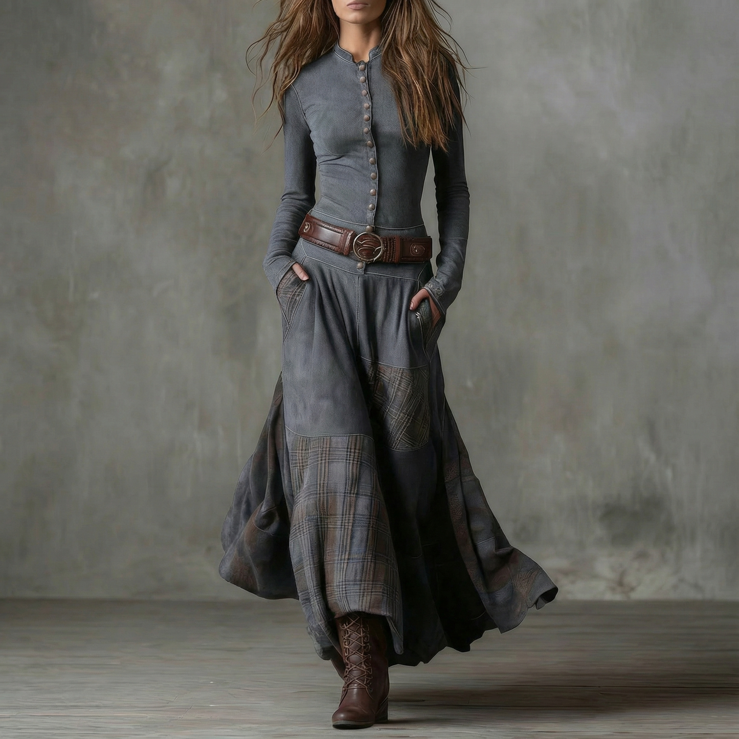 LEONORA™ | Robe longue en daim à carreaux (ceinture incluse)