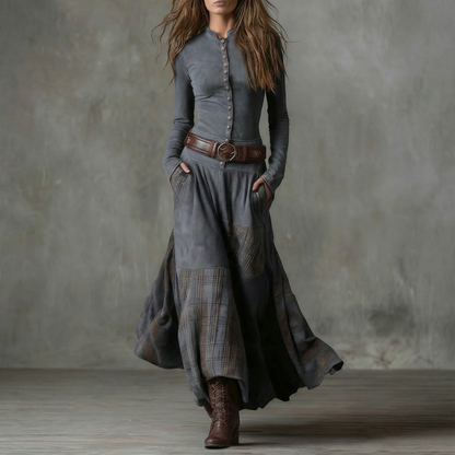 LEONORA™ | Robe longue en daim à carreaux (ceinture incluse)