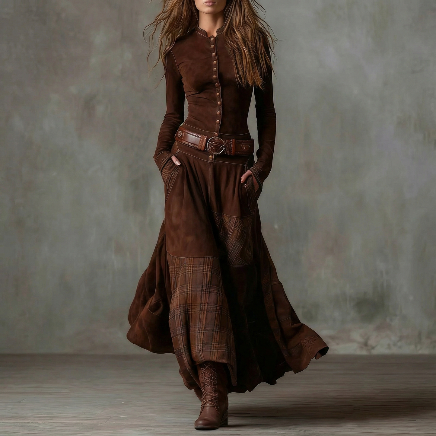 LEONORA™ | Robe longue en daim à carreaux (ceinture incluse)